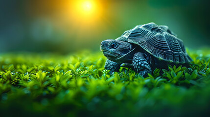 The turtle, walking along the green grass on a sunny day, looking at the world around with inter