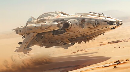 Fototapeta na wymiar Sleek futuristic spaceship flying over a barren desert landscape. concept art showing advanced technology. ideal for sci-fi themes and stories. AI