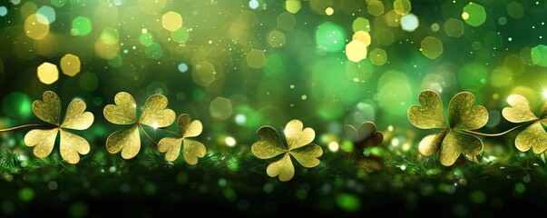 Lucky shamrocks with golden bokeh glitter. St. Patrick's Day background. Luck of the Irish. Four...