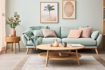 Pastel Mint Sofa and Wooden Coffee Table in Scandinavian Living Room with Woven Wall Hangings