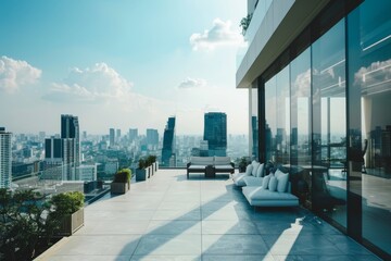 A spacious balcony with a serene setting overlooking a cityscape provides perfect spots for relaxation