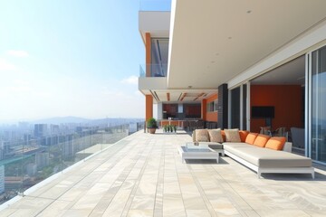 A luxurious and sunny balcony space boasting a sleek design and a breathtaking city panorama