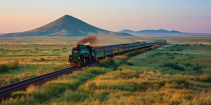 Traveling by train through picturesque landscapes, where fields, mountains and lakes flash past t