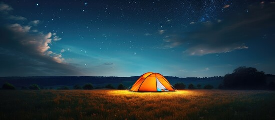 A bright orange tent is set up in the middle of a vast field under a starry night sky. The tent is illuminated from within, creating a warm glow in the darkness. - Powered by Adobe