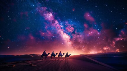 Starry desert night with caravan of camels - obrazy, fototapety, plakaty