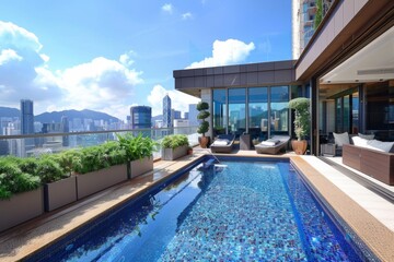 Fototapeta premium This luxurious poolside area boasts panoramic city views, plush seating areas, and beautiful plant decorations enhancing the space