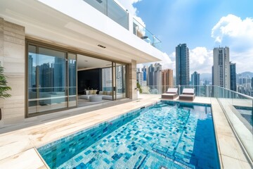 Obraz premium The sleek design of the modern outdoor pool complements the urban buildings in the backdrop, creating the perfect blend of luxury and city life