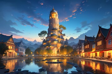  PRGゲーム背景風古代文明神殿塔遺跡魔法都市