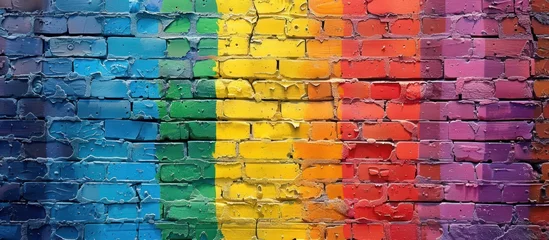Papier Peint photo Graffiti A brick wall covered in vibrant rainbow colors with a rainbow painted on it, creating a colorful and cheerful display.