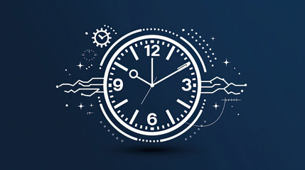 Obraz na płótnie Canvas clock and time white logo , isolated on navy blue background showing universe is a vast clockwork mechanism, with time as its intricate gears 