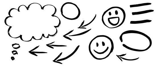 Highlights, arrows, emojis, markers, resources to compose a vector diagram. Isolated on a white background and hand painted. Frame, frame, blank for layout. Hand drawn with marker pen. Brush texture. 