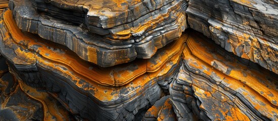 Detailed view of a rock formation featuring yellow paint on the surface, highlighting texture and color variation.