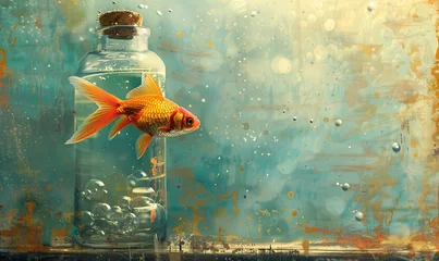 Fotobehang A goldfish swimming in a flask, the flask underwater, symbolizes the limitations of nature against a backdrop of human innovation and waste. © Александр Михайлюк