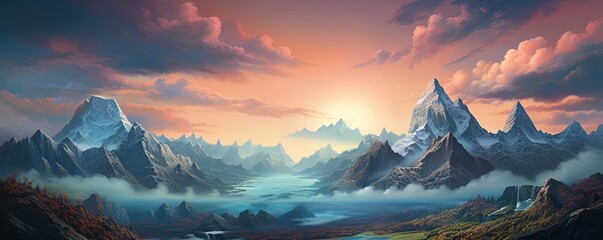 The majestic mountains stood tall against the vibrant sky, as the distant planet beckoned with its unknown allure, a landscape that evoked a sense of wonder and adventure - obrazy, fototapety, plakaty