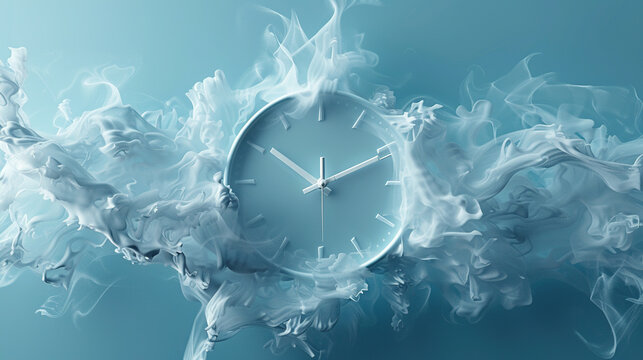 3d clock and time representation, cloudy smoke background showing universe is a vast clockwork mechanism, with time as its intricate gears	
