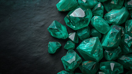 Rough green emeralds on a black background with copy space on the left