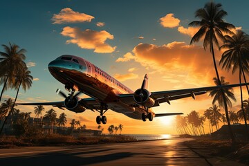 Airplane flying above palm trees in clear sunset sky with sun rays. Concept of traveling, vacation...