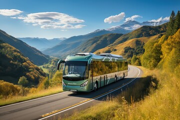 An intercity large and spacious bus travels along the highway - obrazy, fototapety, plakaty