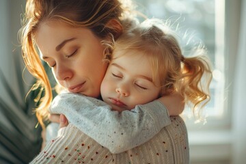 An innocent young child is hugged tightly by a family member, exuding love and belonging