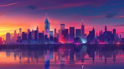 Crédence de cuisine en verre imprimé Violet Illuminated city skyline at twilight background