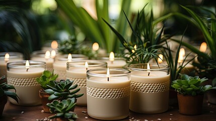 Burning white scented candles in a glass on a table with plants nearby in a minimalist style.