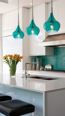 A contemporary kitchen with white cabinets, a vibrant turquoise backsplash, and minimalist pendant lights.