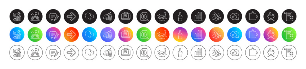 Scuba diving, Search and Lgbt line icons. Round icon gradient buttons. Pack of Next, Skyscraper buildings, Stress icon. Face id, Kpi, Chat bubble pictogram. Vector