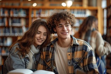 Two engaged students sit closely in a library setting, suggesting a collaborative study session with smiles