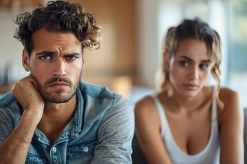 A couple looks dissatisfied during a serious conversation, depicting emotional stress and relationship troubles