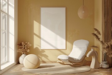poster mockup, white frame. In a modern interior with an armchair, in light colors