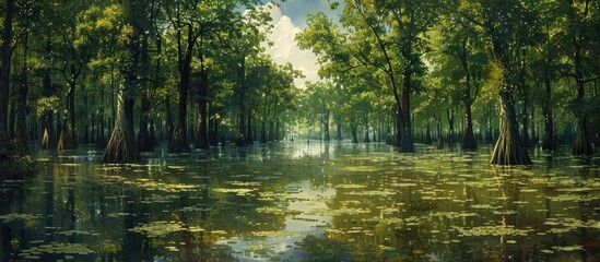 A painting showing a marshy area with tall trees and water.