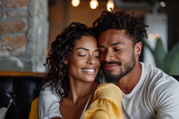 Fototapeta premium A young and affectionate couple share a tender moment, their expressions showing contentment and love against a homely backdrop