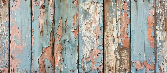 Detailed view of a weathered wooden fence with peeling paint, showcasing the texture and wear on the material.