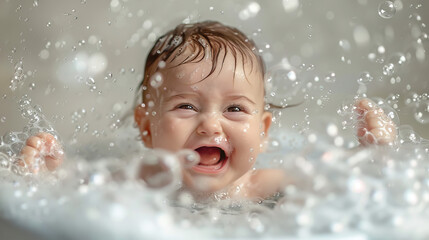 baby Boy in white bath tub ,  a little baby crying in the bathroom with bubbles 