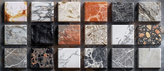 Various marble tiles in different colors, shapes, and sizes are displayed together.
