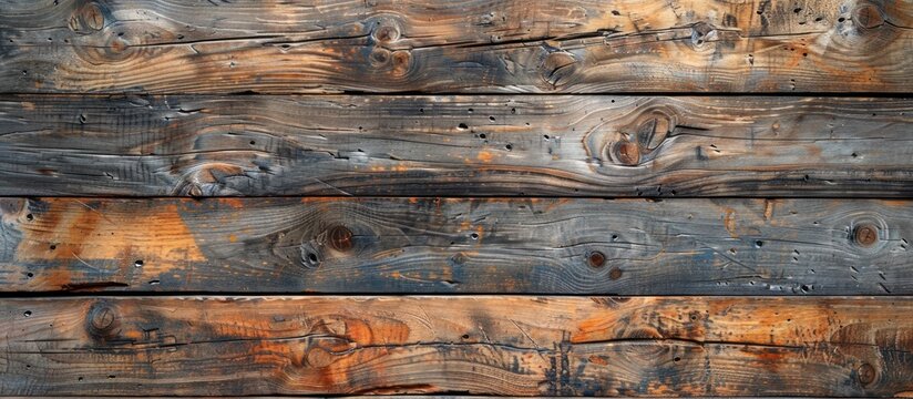 Detailed close up of a wooden wall with peeling paint texture, revealing the underlying layers and patterns.