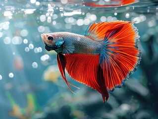 Silver and orange colored male siamese fighting fish under the water. Ornamental fish.