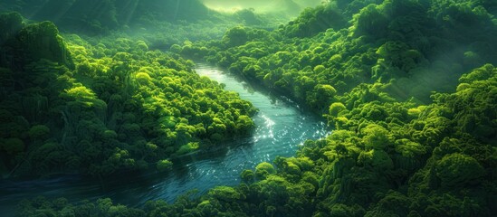 Fototapeta na wymiar A river cuts through a dense green forest, creating a serene scene of natures beauty.