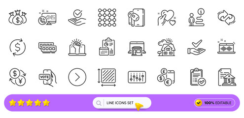Currency rate, Currency exchange and Refresh line icons for web app. Pack of Dollar exchange, Earphones, Forward pictogram icons. Approved report, Square area, Density signs. Ram. Search bar. Vector