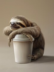 Cute sloth sleeps on the portable coffee cup. 3d illustration.