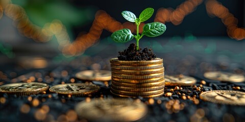 Stack of coins with small plant sprout growing out of it. Stock chart on the background