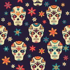 Seamless pattern of Day of the Dead on black background. 