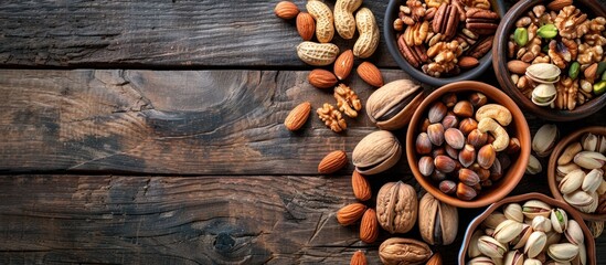 Different types of nuts like almonds, walnuts, and peanuts displayed in separate bowls on a rustic wooden table. - obrazy, fototapety, plakaty
