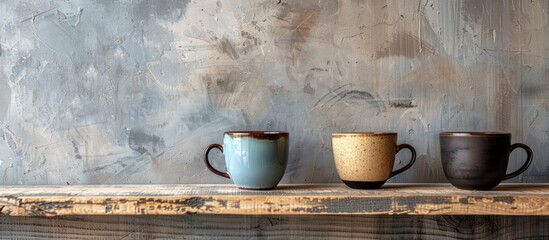 Three coffee cups are placed on top of a rustic wooden table. - obrazy, fototapety, plakaty