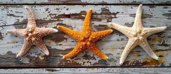 Three starfish are neatly lined up on a wooden surface, creating a simple yet visually striking arrangement.