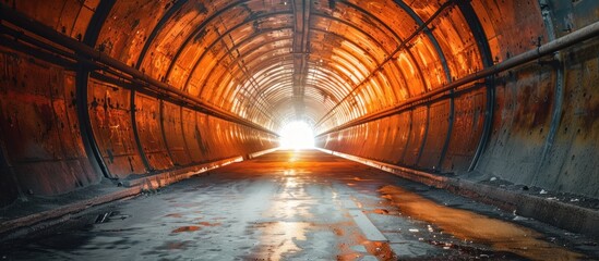 A lengthy tunnel extends forward with a bright light glowing at the end, casting a visible...