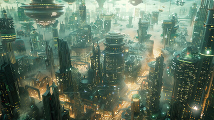 Shot of a Futuristic Self-Driving flying robot cars in sky, modern city of robots , Smart city user interface with icon, stats and data 3d rendering, robots, 22 century