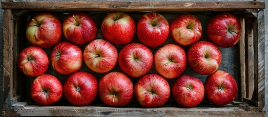 A wooden crate overflowing with fresh red apples, neatly stacked and ready for sale or consumption.