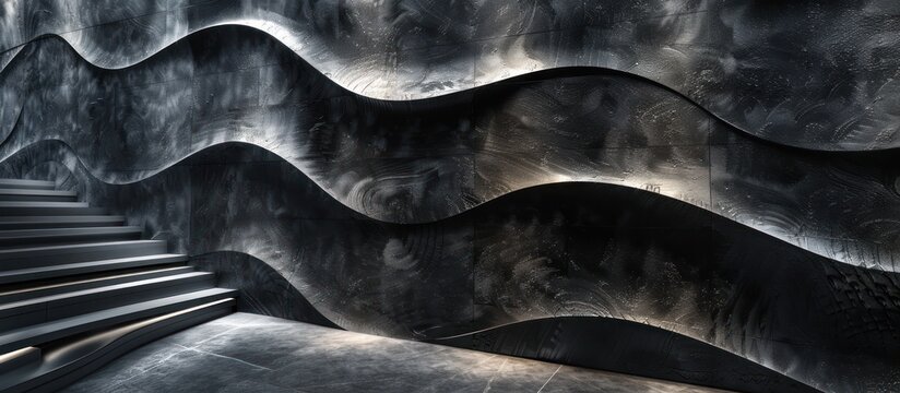 A set of stairs leads up to a black and white wavy wall, creating a striking combination of geometric shapes and lines.