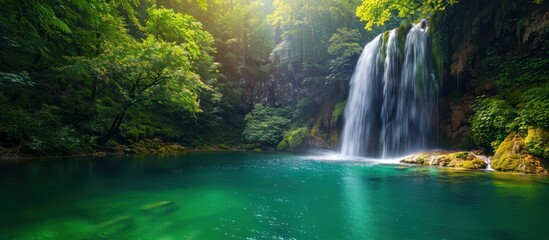 A large, powerful waterfall cascades through lush greenery in the heart of a dense forest, creating a mesmerizing display of natures raw beauty.